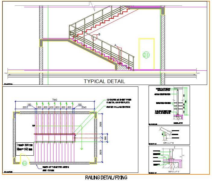 Staircase Design DWG- Plan, Elevation, & Railing Detail